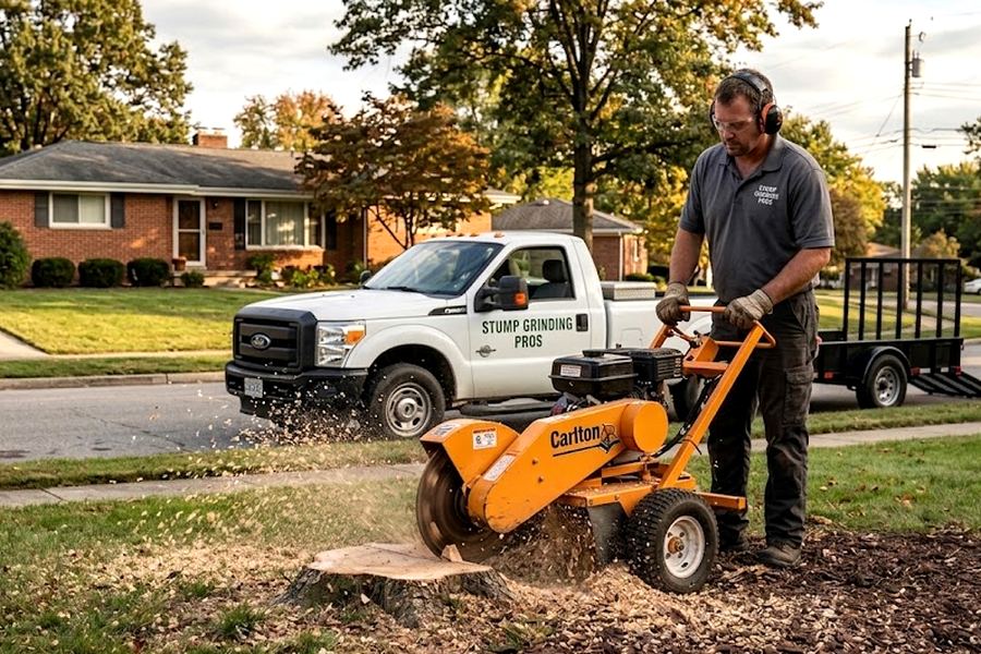 Stump grinder cutting a stump in Belle Meade, TN